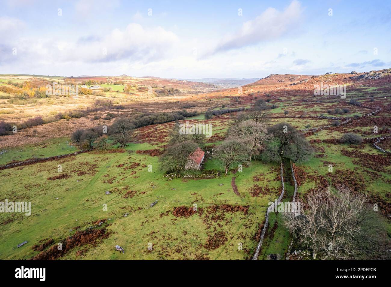 View over Emsworthy Mire from a drone, Haytor Rocks, Dartmoor National Park, Devon, England, UK Stock Photo