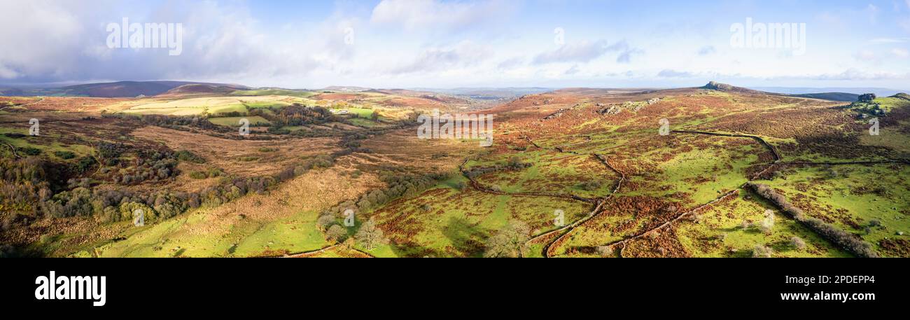 View over Emsworthy Mire from a drone, Haytor Rocks, Dartmoor National Park, Devon, England, UK Stock Photo