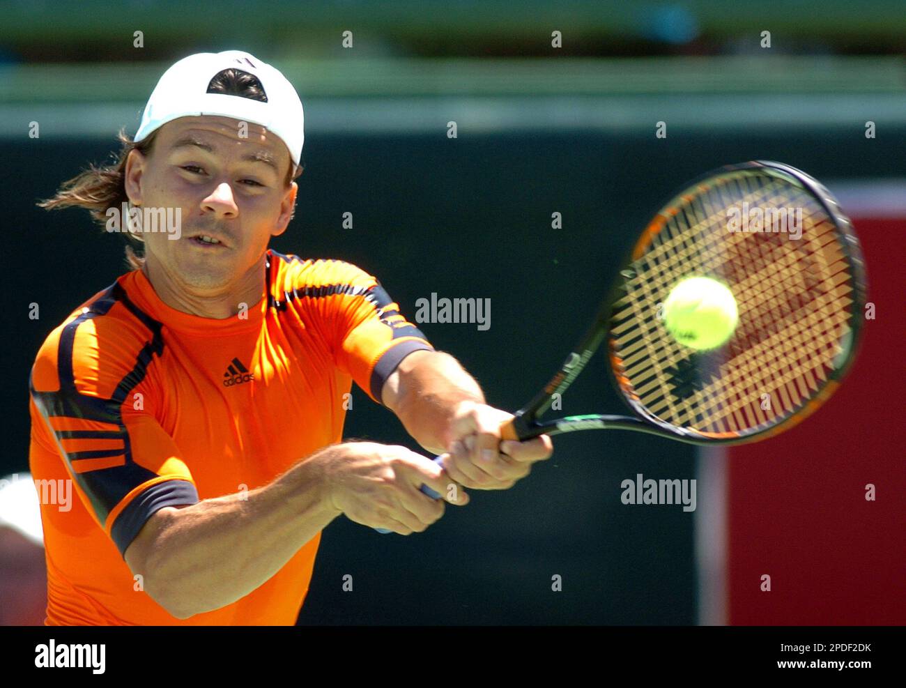 Guillermo Coria of Argentina plays a return during his match
