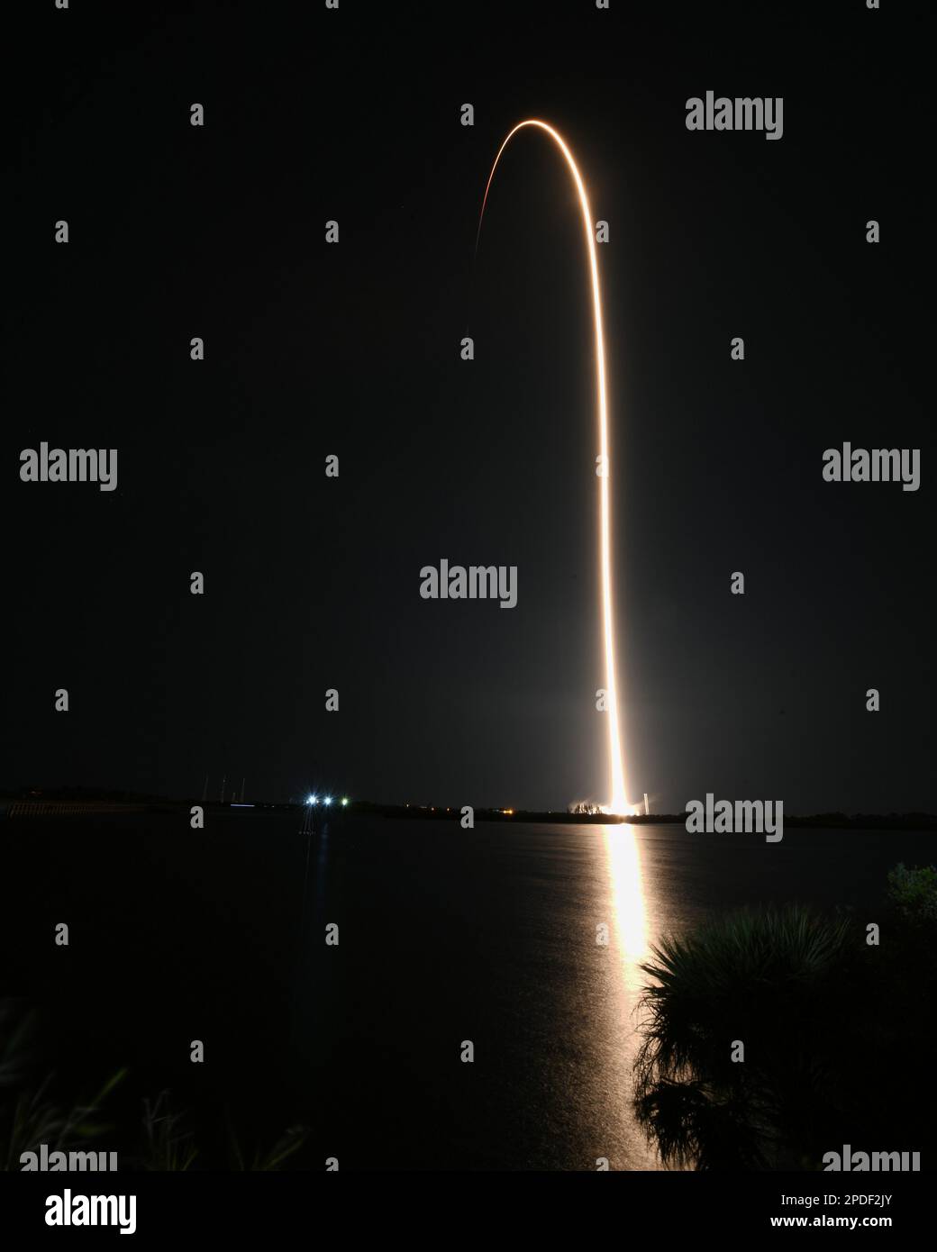 Florida, US, March 14, 2023. Timed exposure of a SpaceX Falcon 9 rocket as it launches a Cargo Dragon-2 spacecraft with nearly 3 tons of equipment for NASA on its 27th resupply mission at 8:30 PM from Complex 39A at the Kennedy Space Center, Florida on Tuesday, March 14, 2023. Cargo Dragon is carrying equipment and supplies to the International Space Station. Photo by Joe Marino/UPI Credit: UPI/Alamy Live News Stock Photo