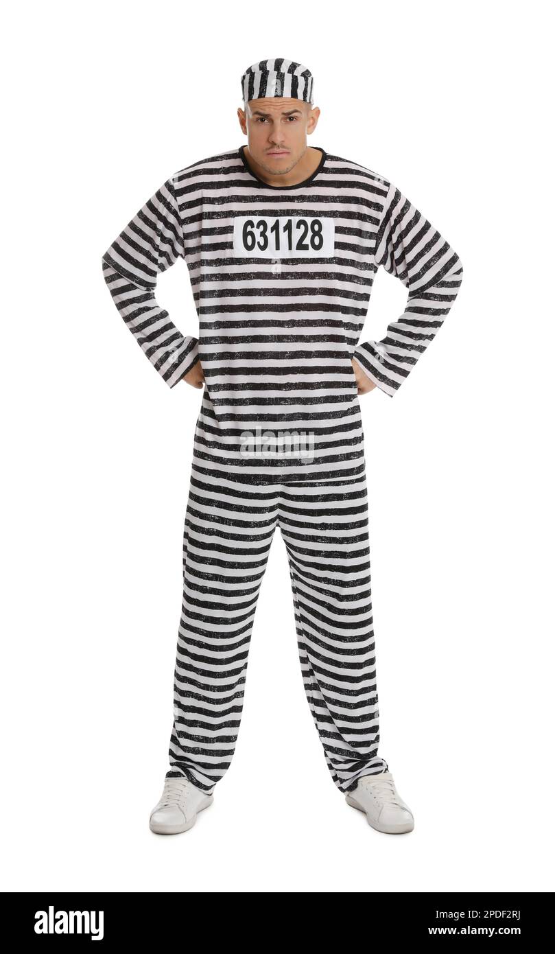 Prisoner in striped uniform on white background Stock Photo