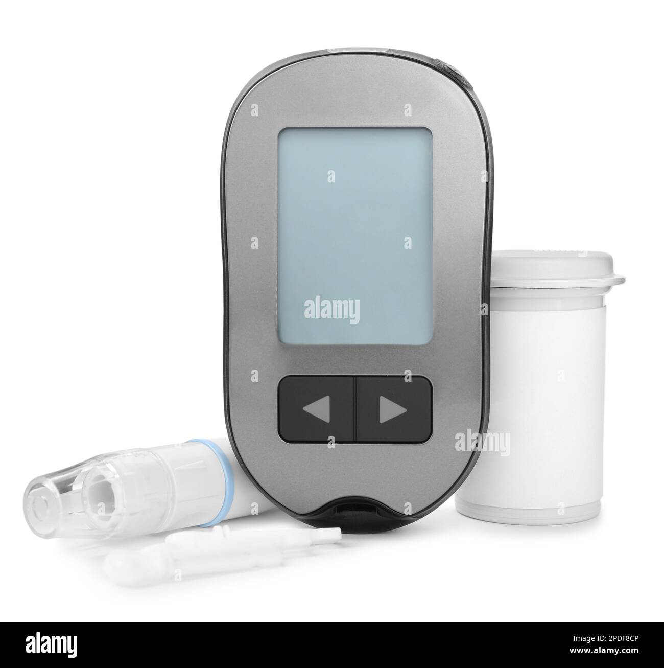Digital glucometer, container, lancets and pen on white background