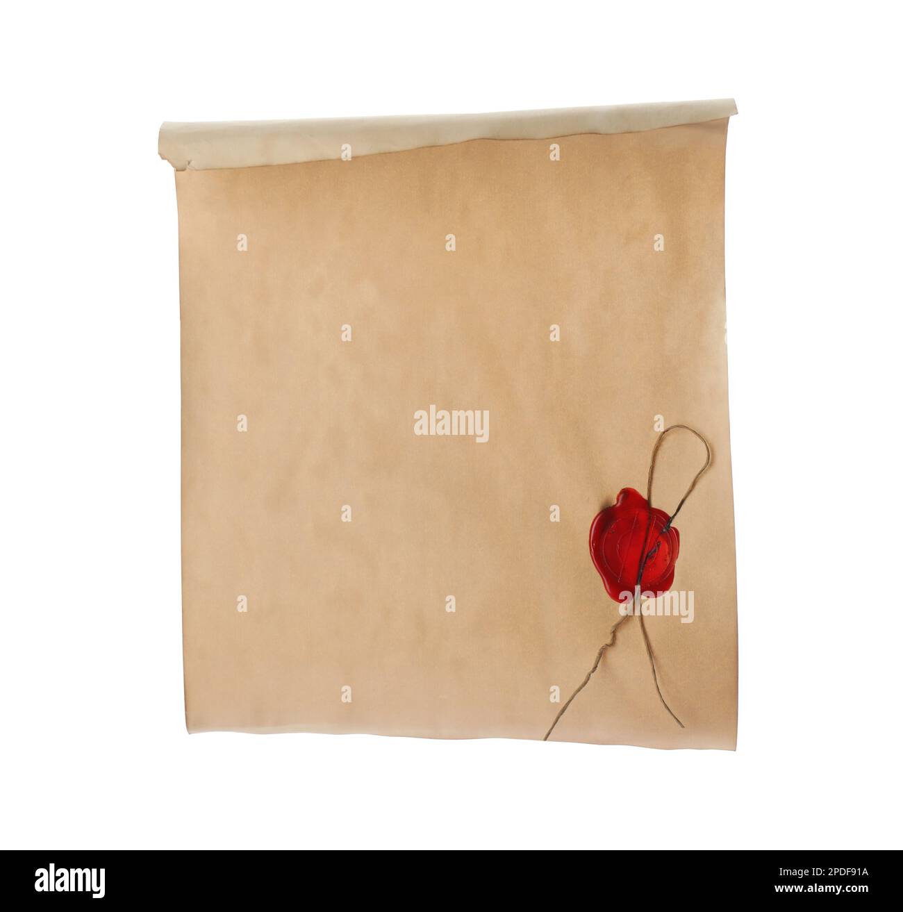 Sheet of old parchment paper with wax stamp isolated on white. Space