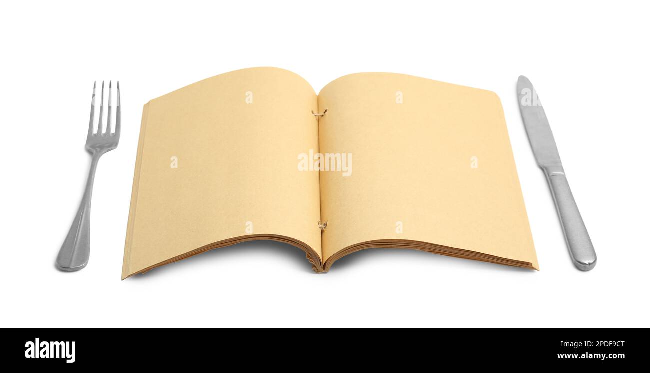Blank recipe book and cutlery on white background. Space for text Stock