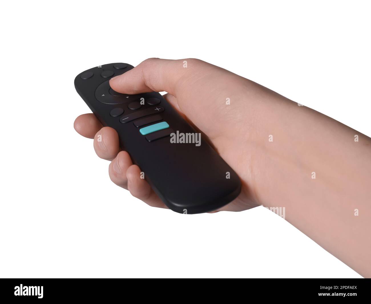 Woman holding TV remote control on grey background, closeup. Space for ...