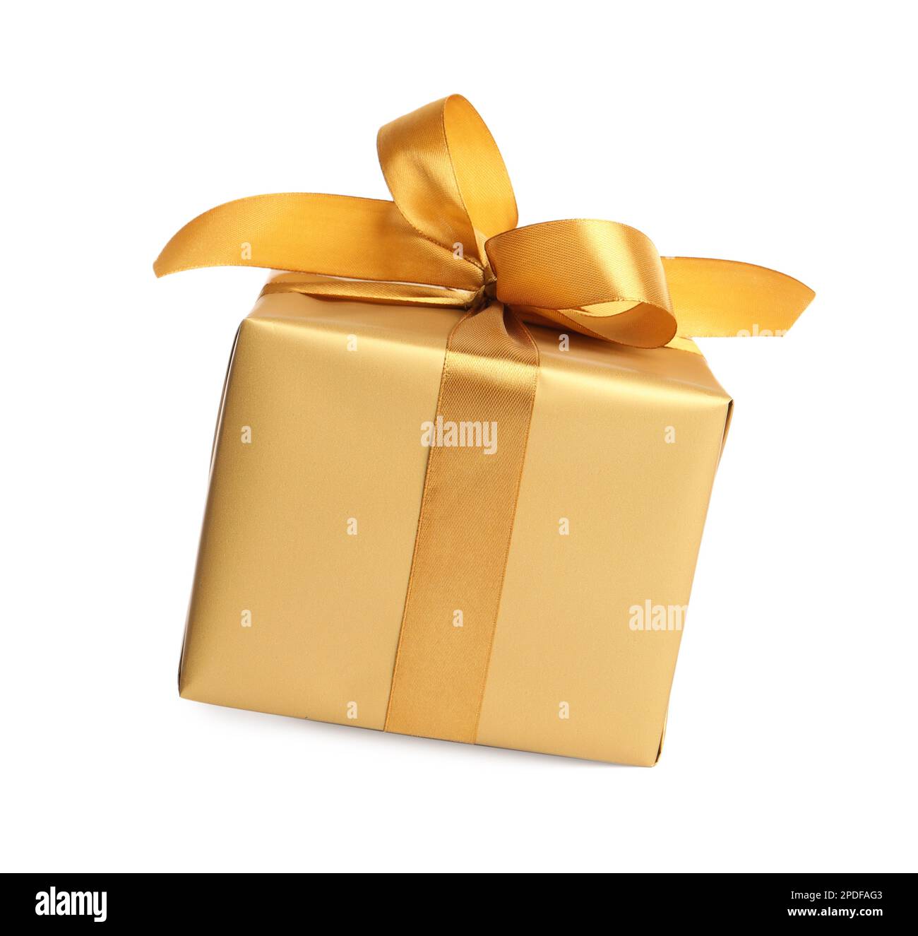 Gift box with golden ribbon and bow on white background Stock Photo - Alamy