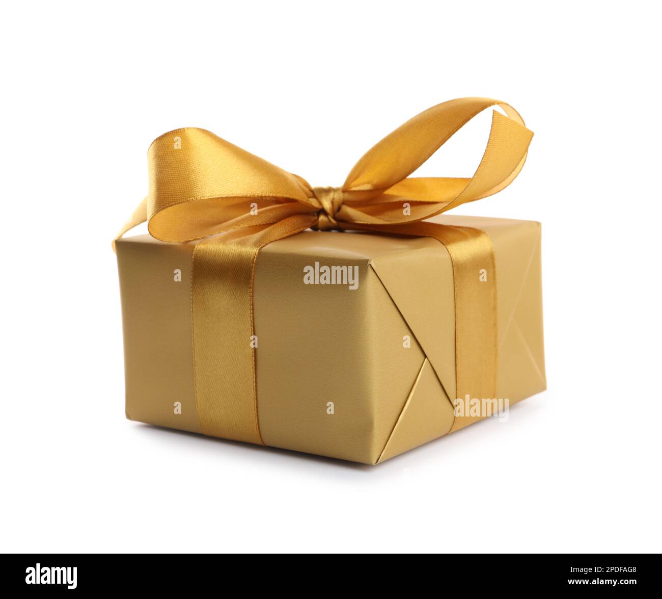 Beautiful gift box with golden ribbon and bow on white background Stock ...