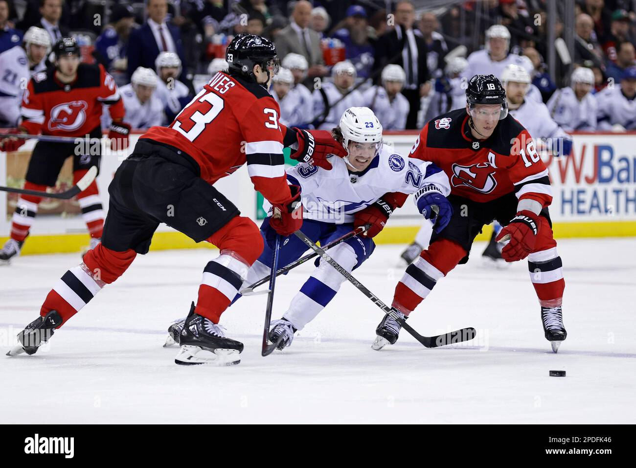 New Jersey Devils' Ondrej Palat (18) skates with the puck against