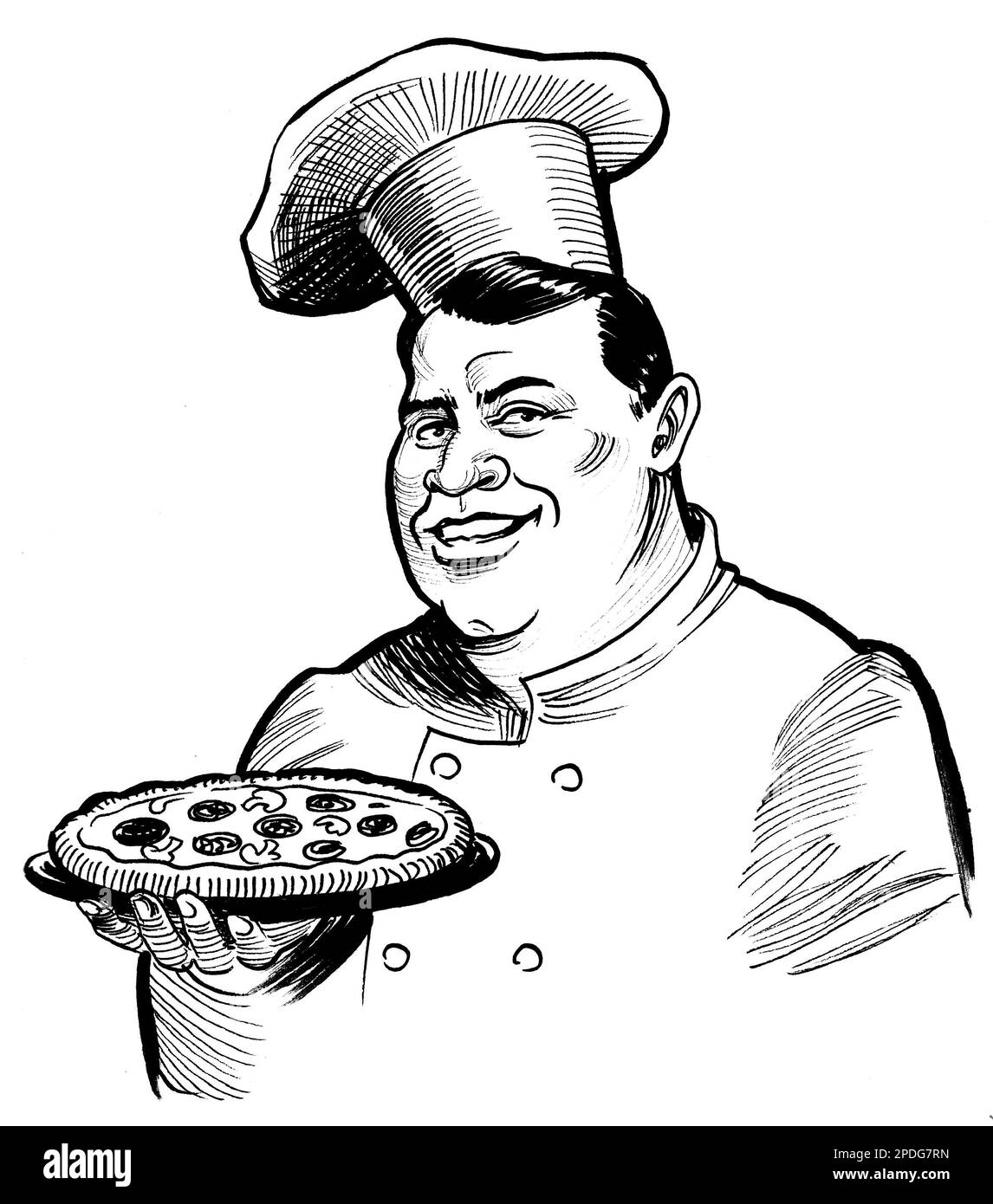 Restaurant chef character with a pizza pie. Ink black and white drawing