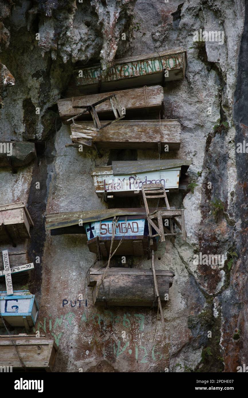 Close-up of the hanging coffins of Sagada on an imposing white rock face. Stock Photo