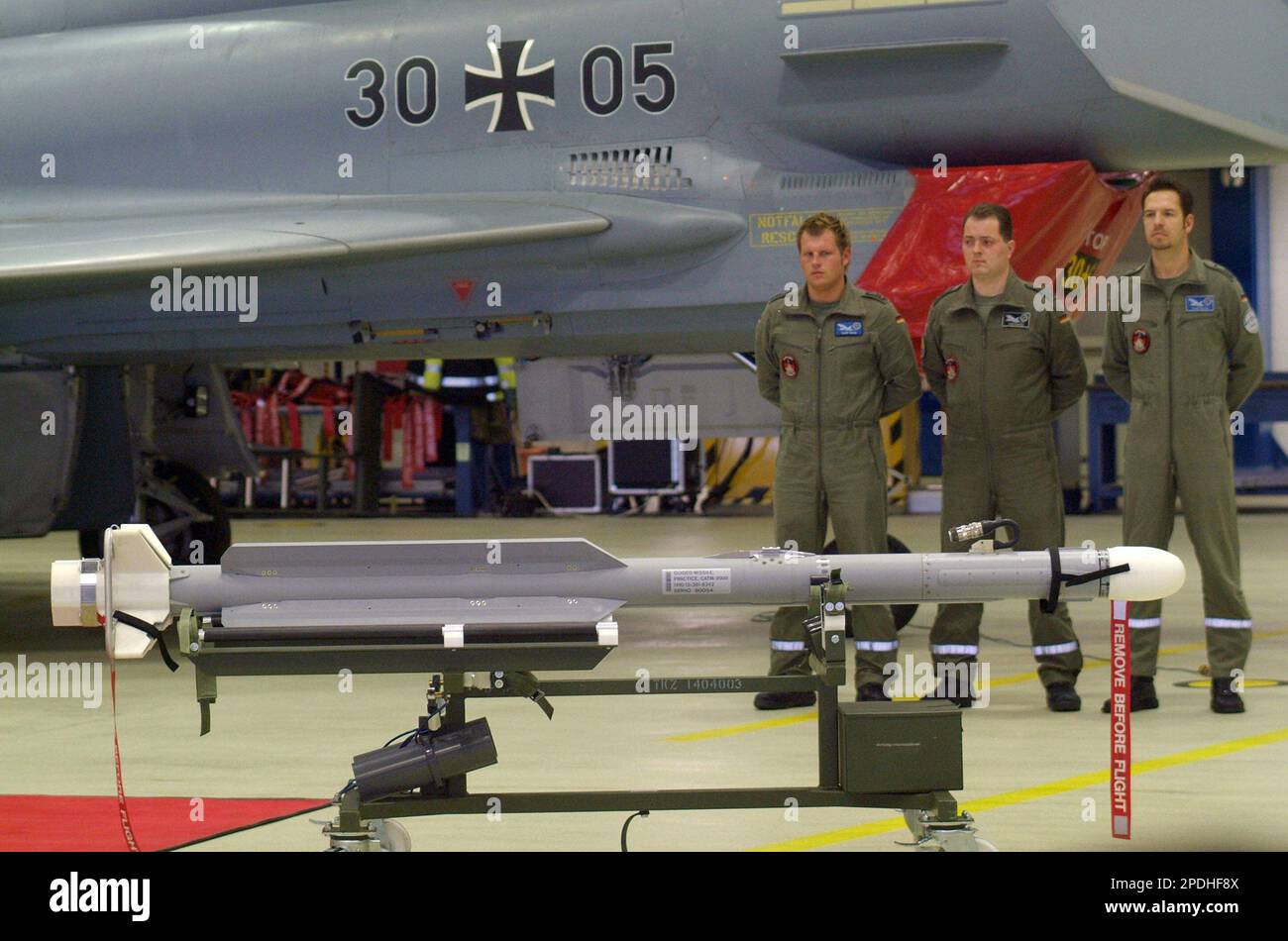 An IRIST Missile stands in front of an "Eurofighter" during an official ceremony at the airbase