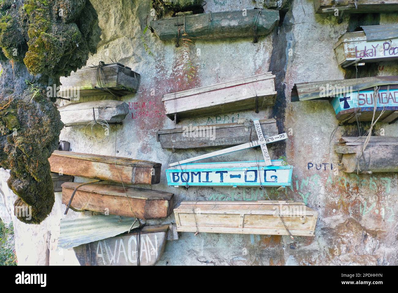 Close-up of the hanging coffins of Sagada on an imposing white rock face. Stock Photo