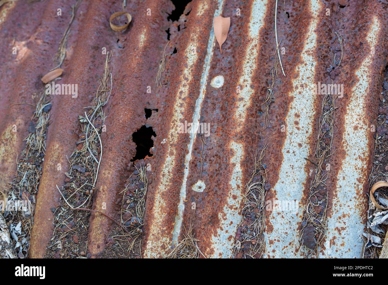 Close up view of an old rusted corrugated iron water tank with holes in