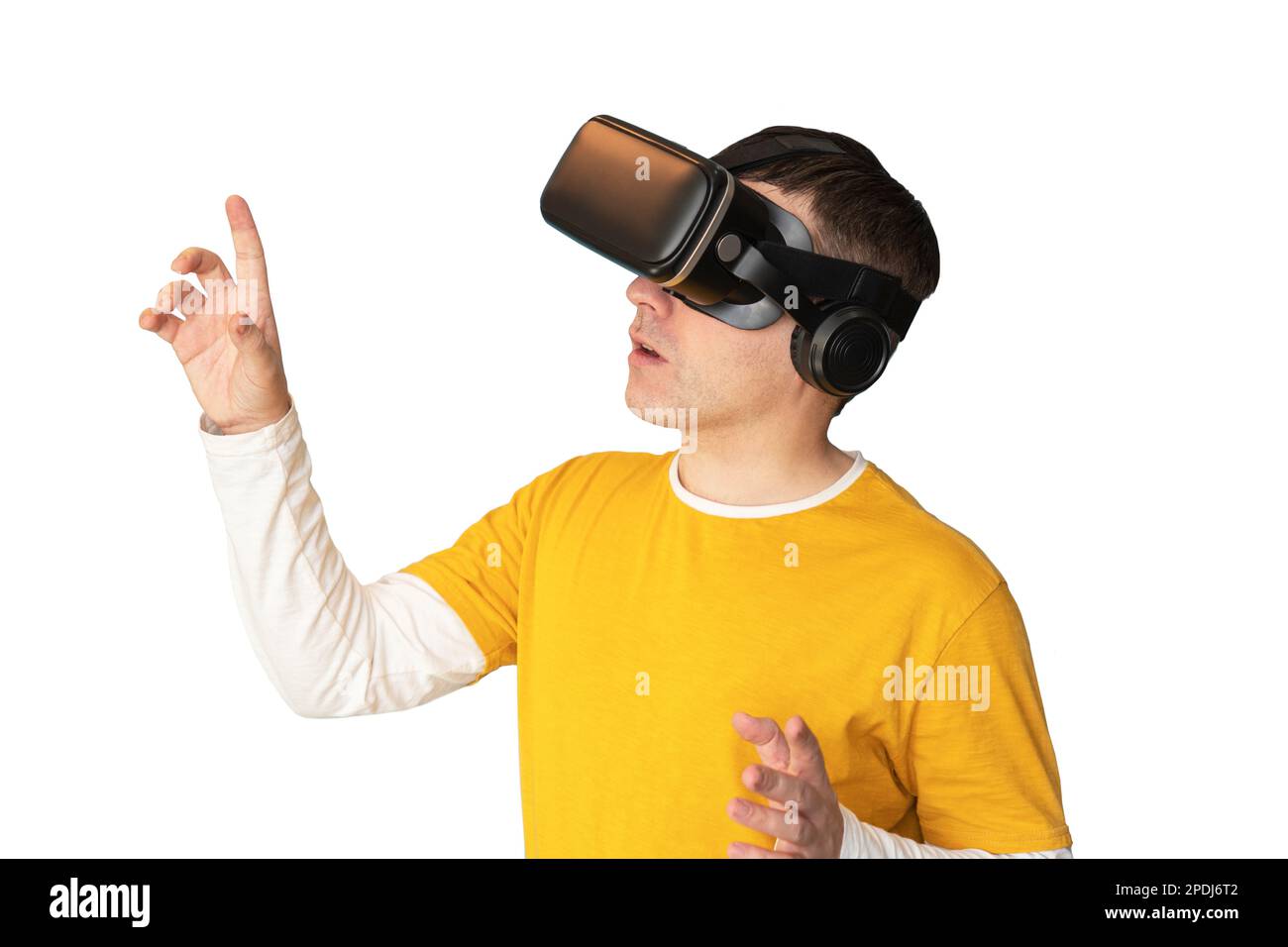 Happy man play vr eyeglasses isolated on white background Stock Photo Alamy