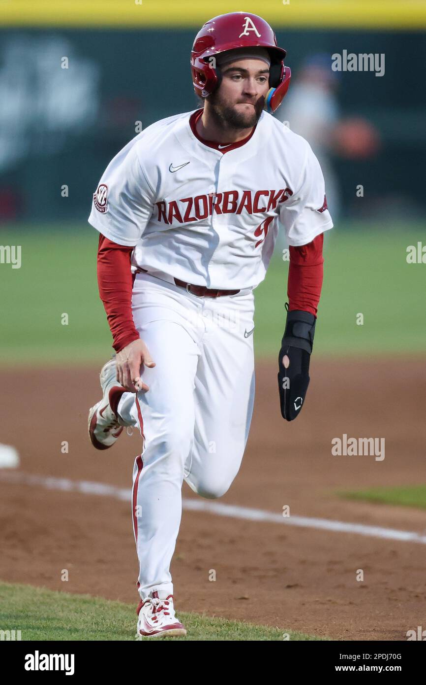 March 14, 2023: John Bolton #9 Razorback base runner comes down the third base line. Arkansas defeated UNLV 13-7 in Fayetteville, AR, Richey Miller/CSM Stock Photo
