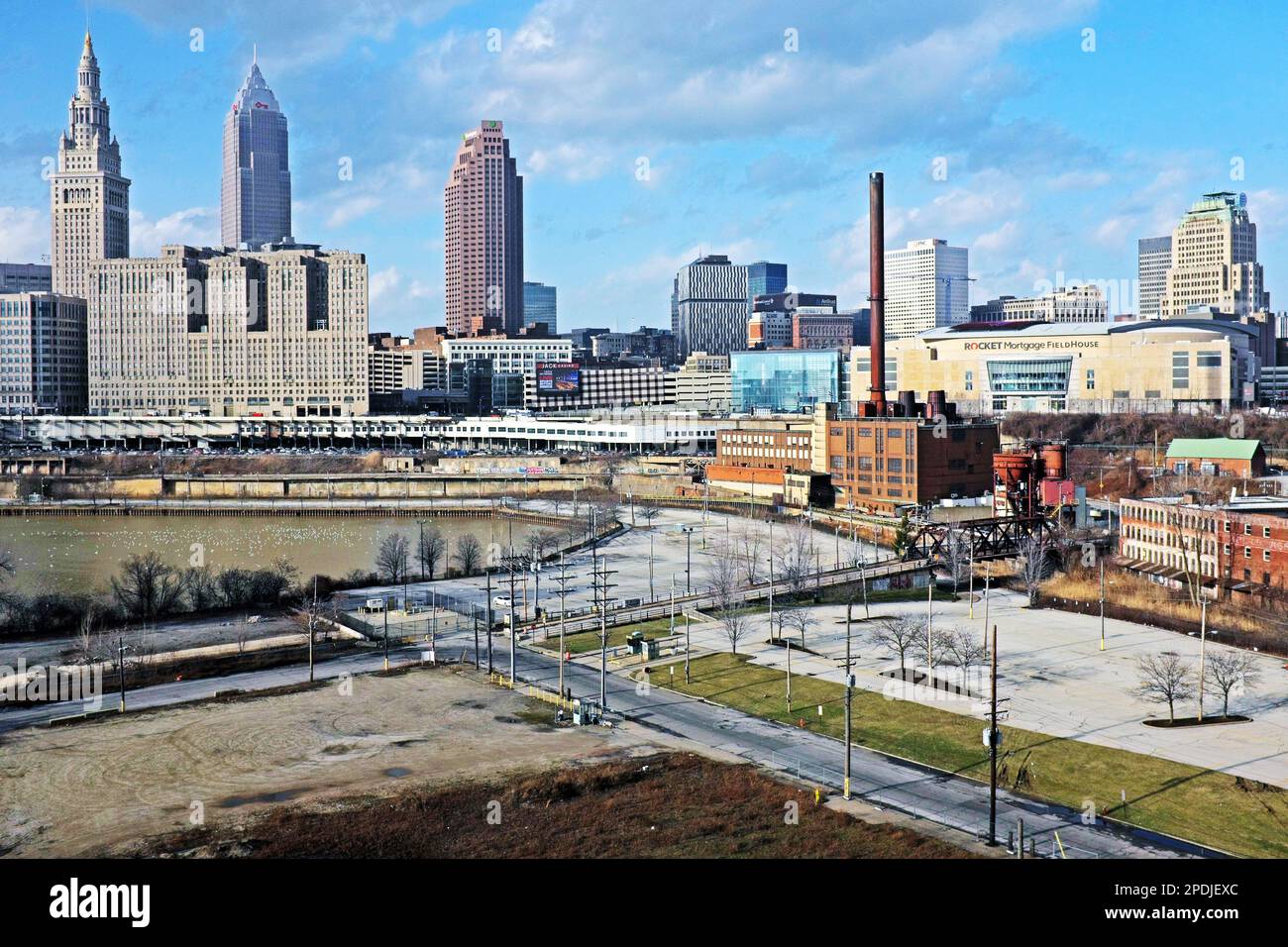 Downtown Cleveland skyline on February 23, 2023 as viewed from the Hope Memorial Bridge in Cleveland, Ohio, USA Stock Photo