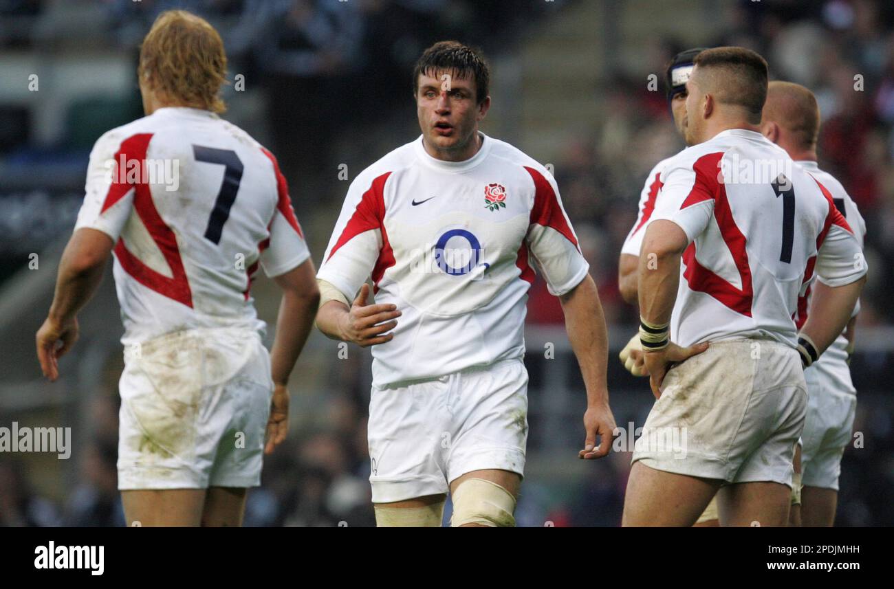 England's captain Martin Corry, second left, gestures as he encourages