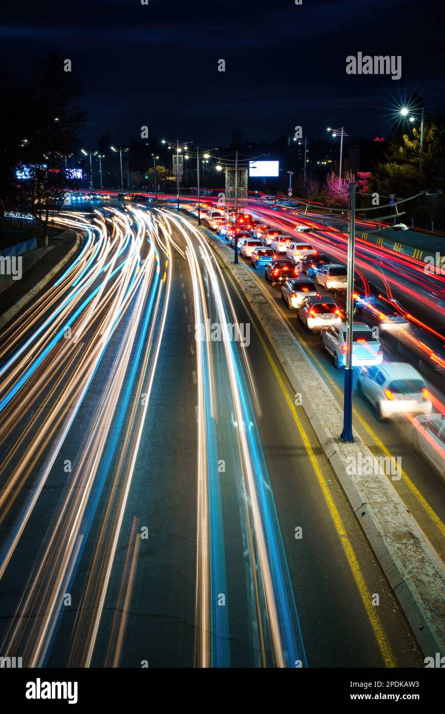 Car traffic light at night city highway Stock Photo Alamy