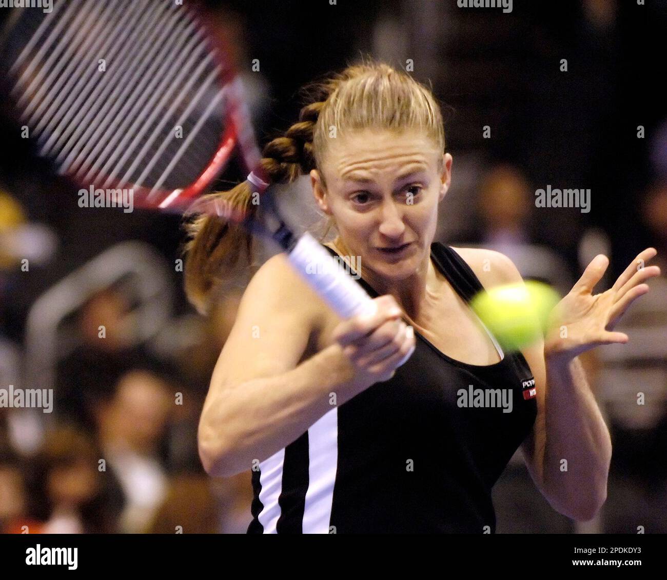 Mary Pierce of France hits a forehand during her match against Kim  Clijsters of Belgium at the WTA Tour Championships at Staples Center in Los  Angeles, Tuesday, Nov. 8, 2005. (AP Photo/Chris