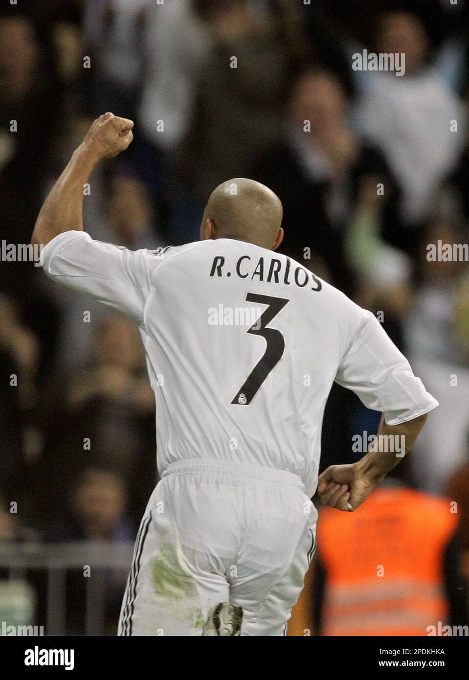 Real Madrid player Roberto Carlos from Brazil celebrates his goal
