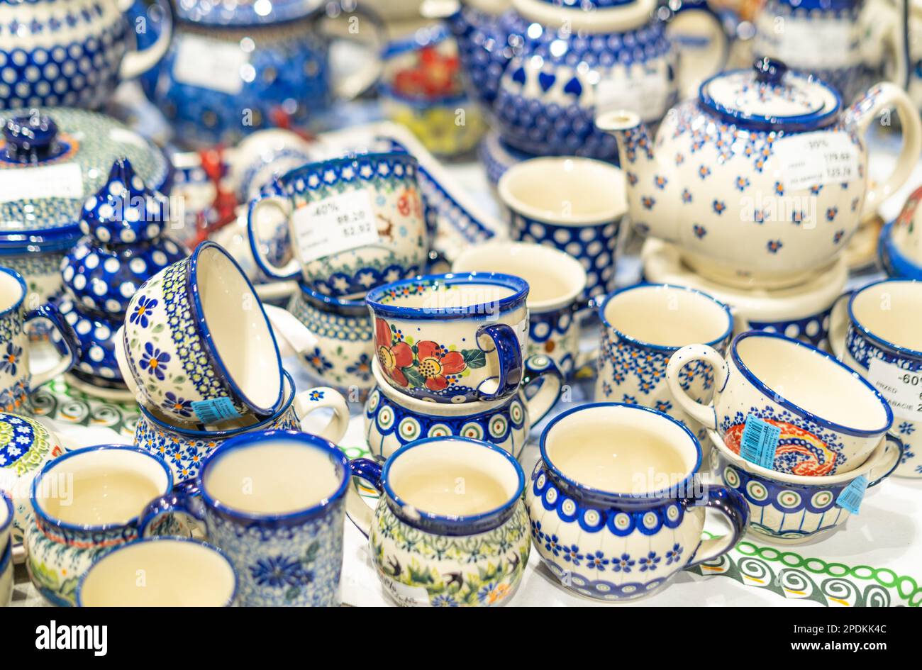 Traditional porcelain from Boleslawiec in the shop Stock Photo
