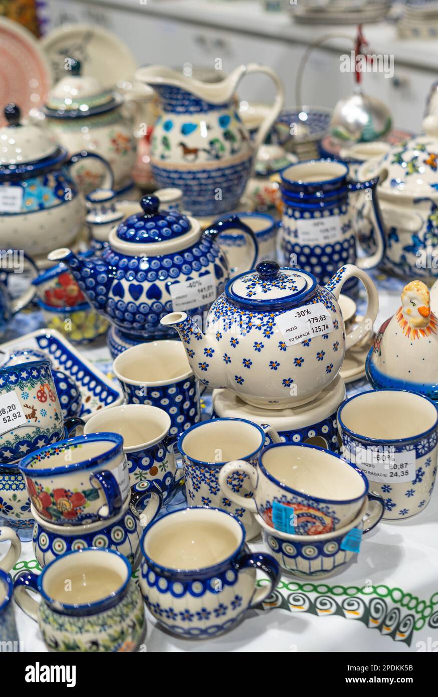 Traditional porcelain from Boleslawiec in the shop Stock Photo