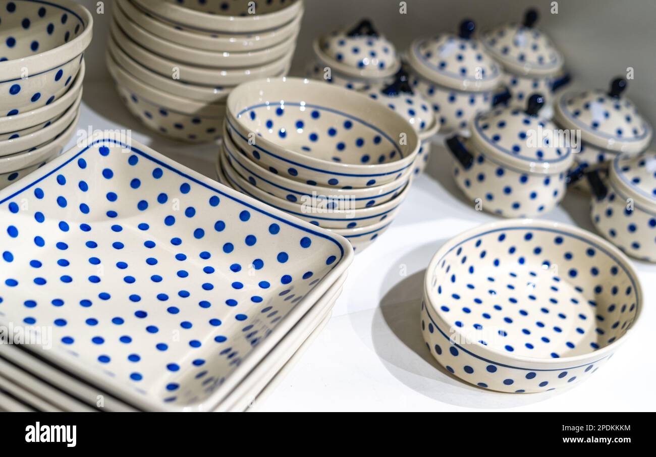 Closeup handmade pottery with blue pattern Stock Photo