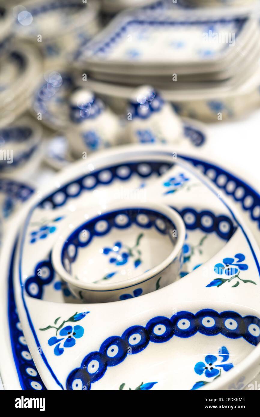 Closeup handmade pottery with blue pattern Stock Photo