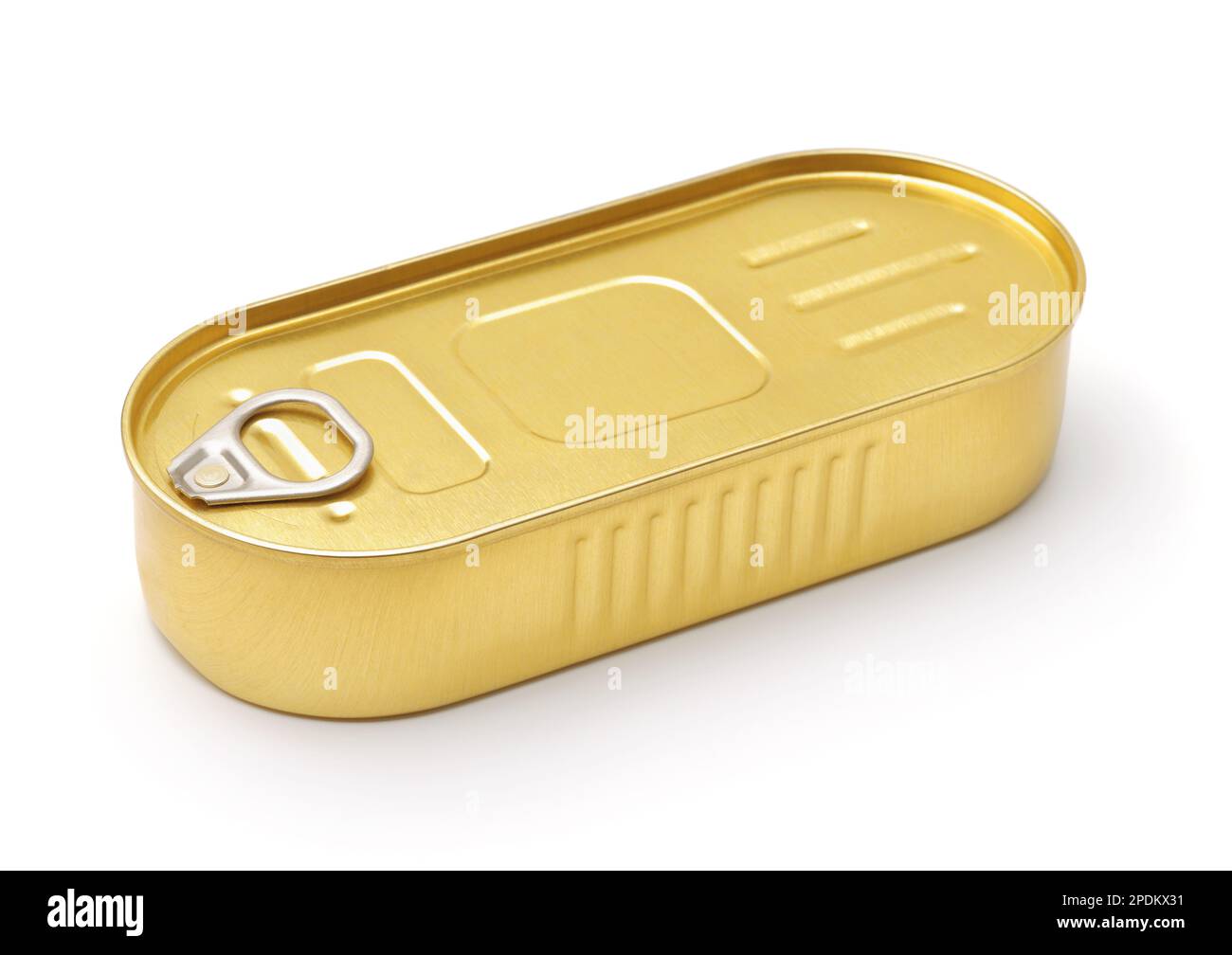 Closed golden  seafood tin can isolated on white Stock Photo