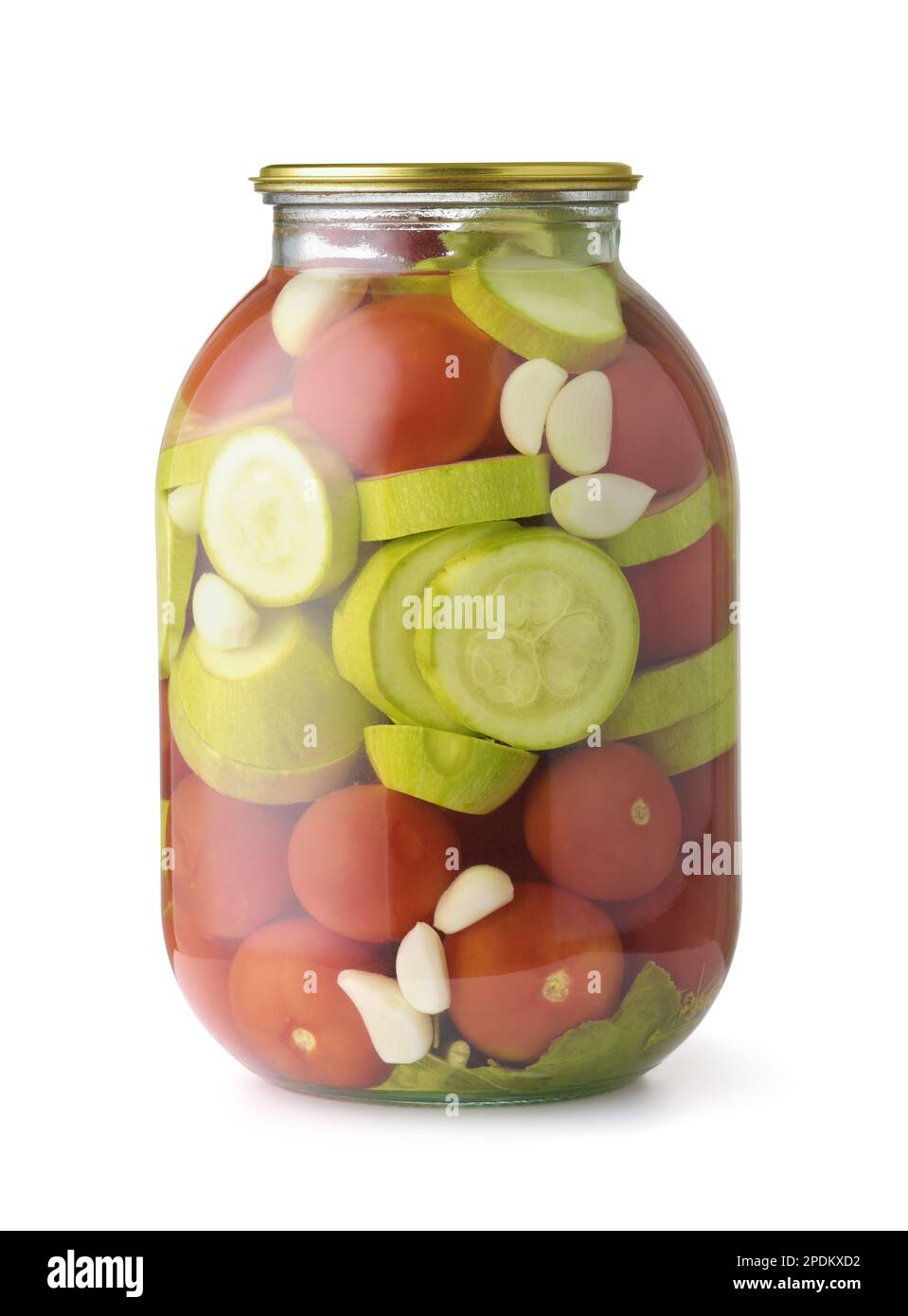 Front view of pickled  tomatoes, zucchini and garlic in glass jar isolated on white Stock Photo