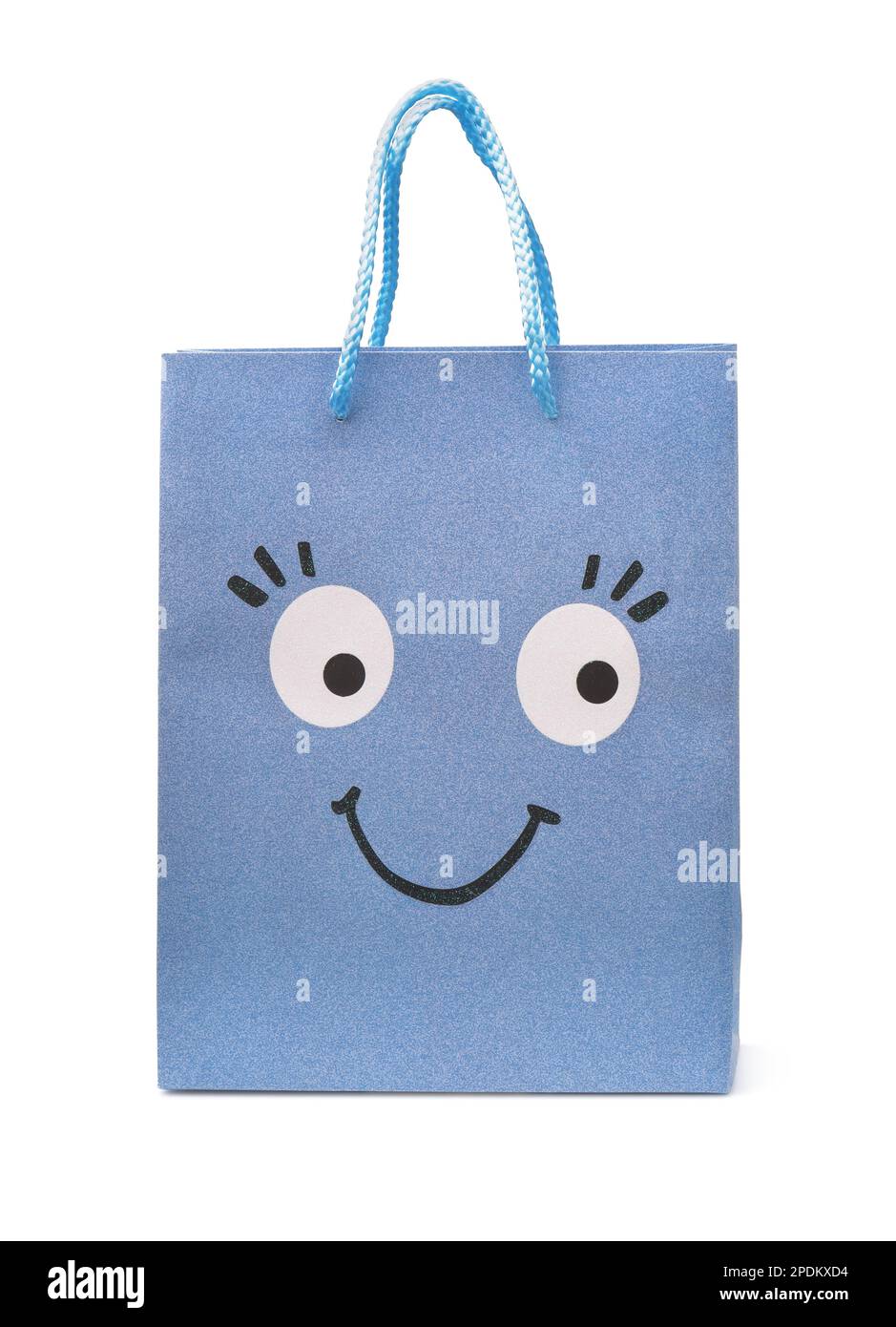 Front view of blue paper shopping bag with smiling funny face  isolated on white Stock Photo
