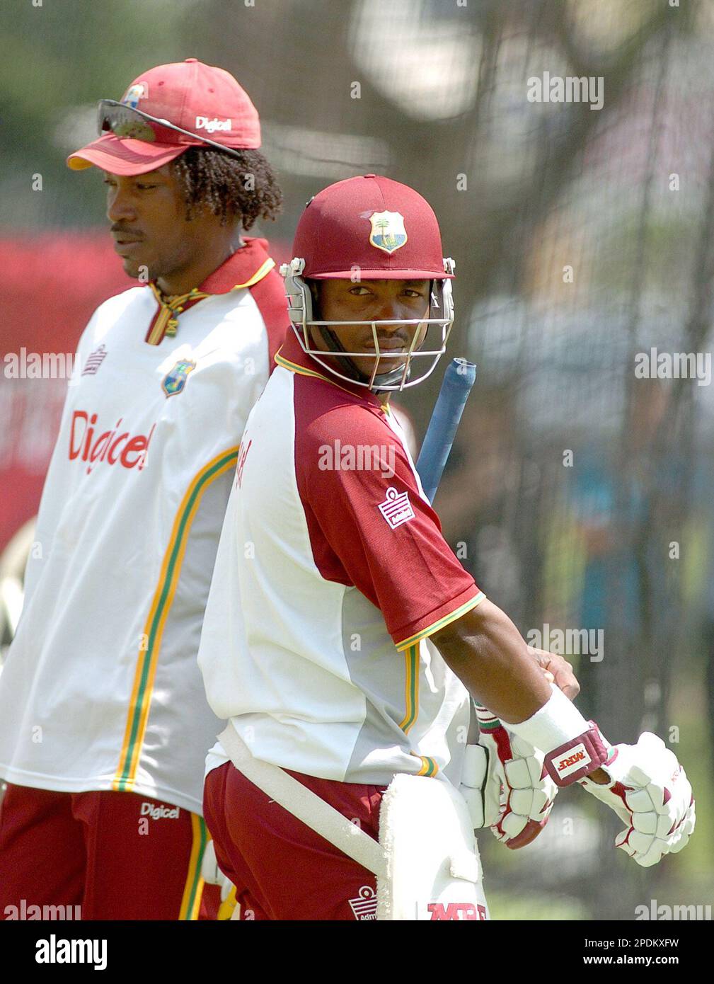 West Indies cricket players Brian Lara right and Chris Gayle at