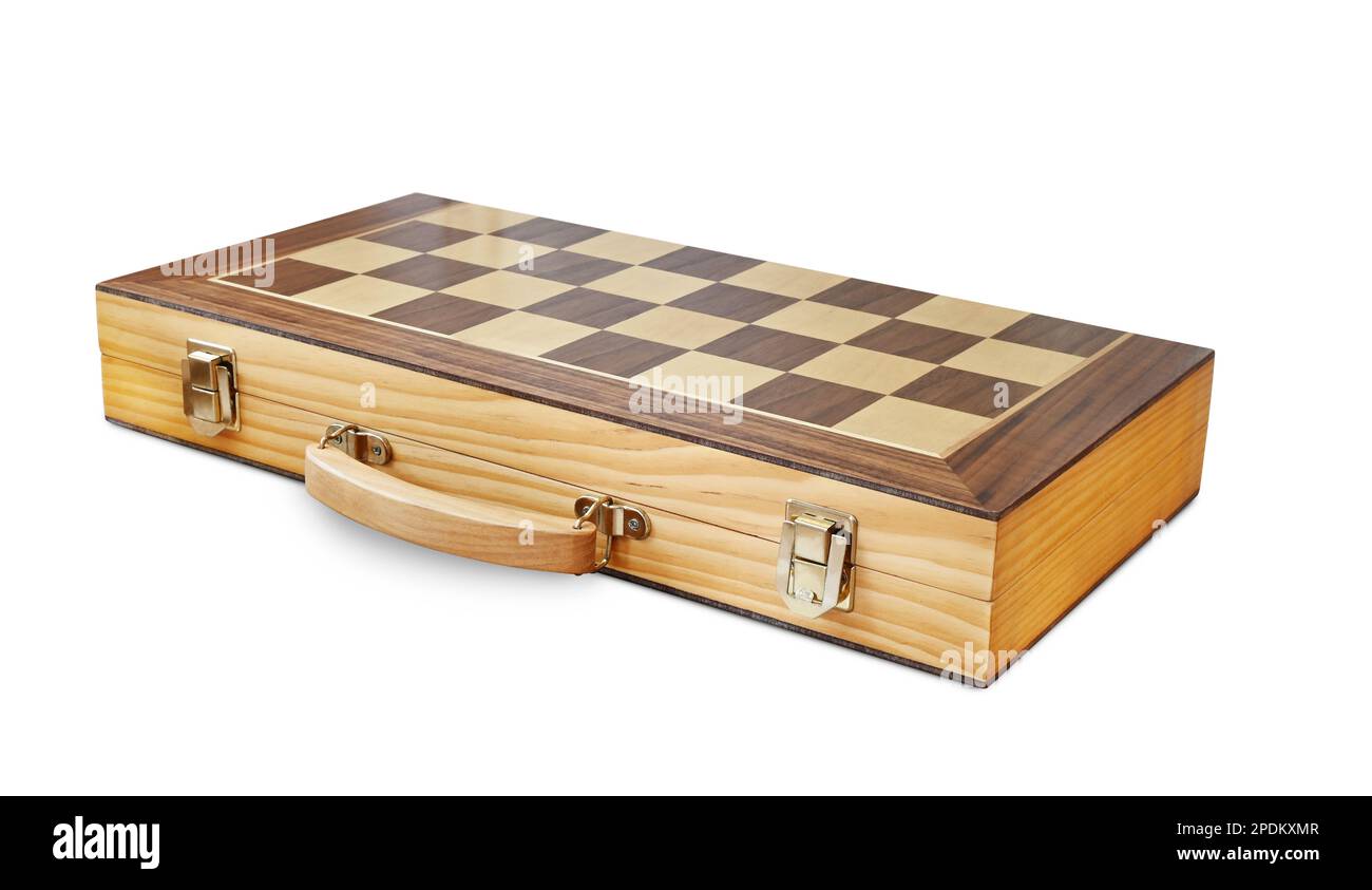 Closed wooden chessboard with handle isolated on white Stock Photo
