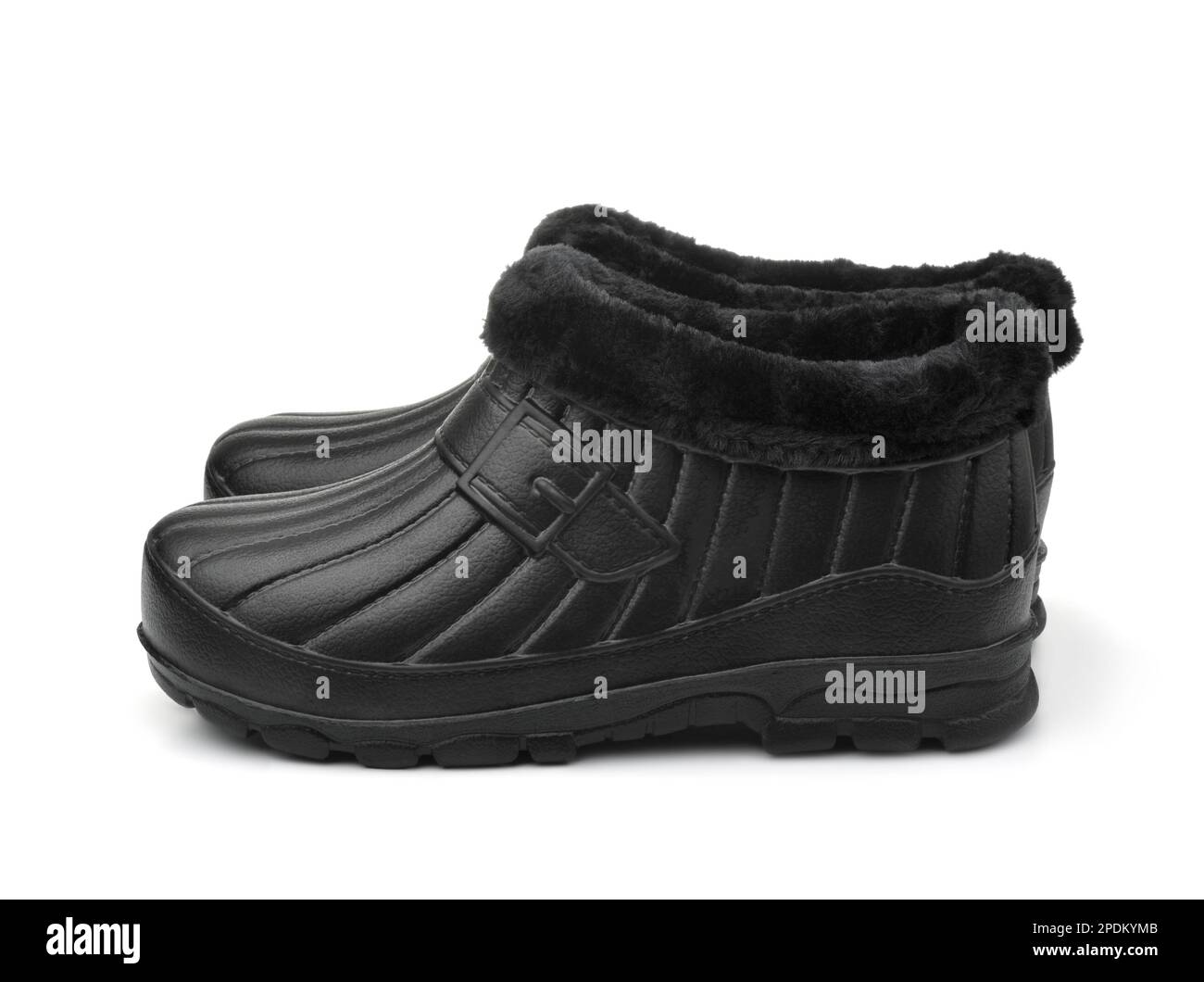 Side view of black low rubber boots with faux fur isolated on white
