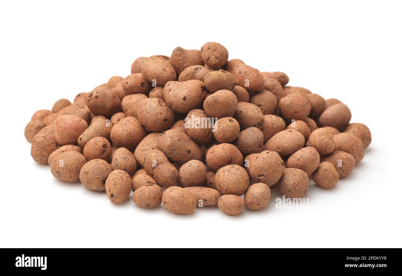 Pile of expanded lightweight clay pebbles isolated on white Stock Photo