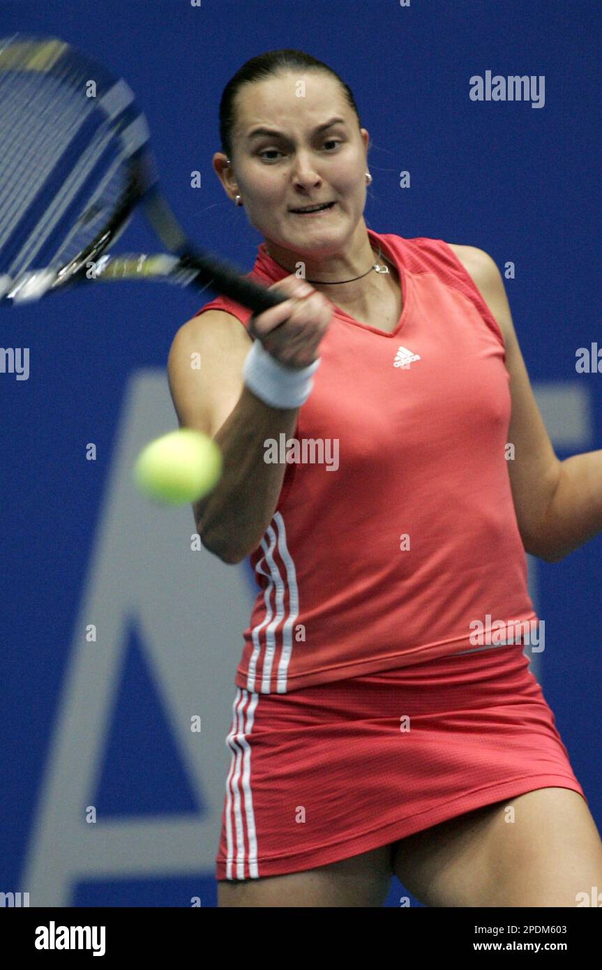 Nadia Petrova from Russia returns the ball to Kveta Peschke from Czech  Republic in their semifinal match at the WTA Generali Ladies tennis  tournament in Linz on Saturday, Oct. 29, 2005. (AP