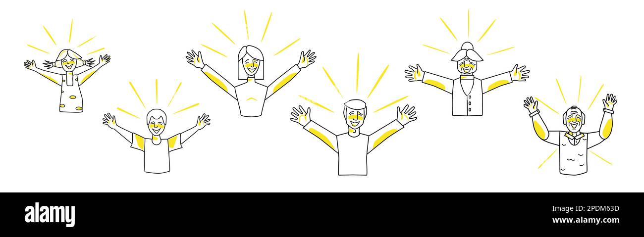 Emotion of happiness, people set. Happy boy and girl, man and woman, grandfather and grandmother. Glowing, open arms. Sketched style white and yellow Stock Vector