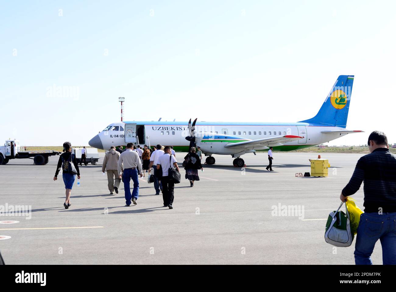 An Uzbekistan Airways airplane at Nukus International Airport Stock Photo