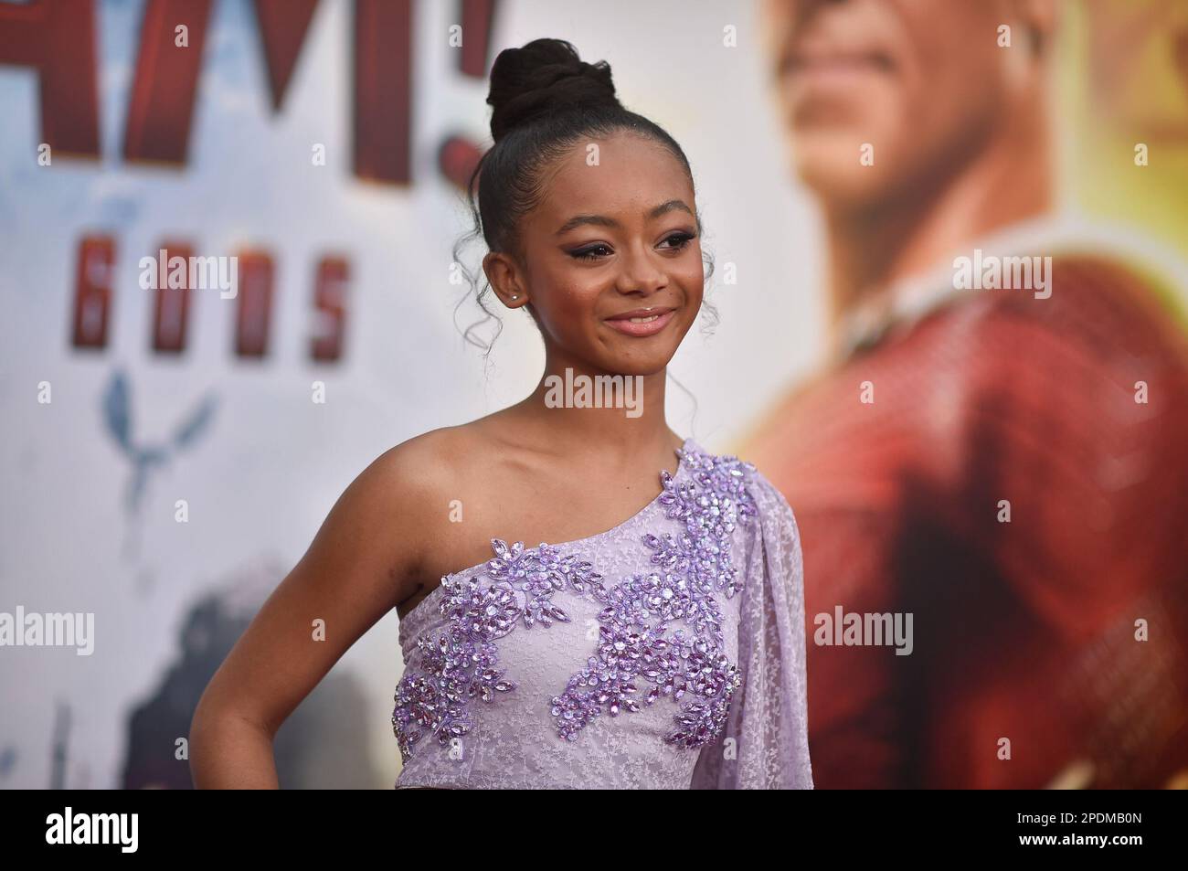 Faithe Herman arrives at the world premiere of "Shazam! Fury of the Gods" on Tuesday, March 14, 2023, at the Regency Village Theatre in Los Angeles. (Photo by Richard Shotwell/Invision/AP) Stock Photo