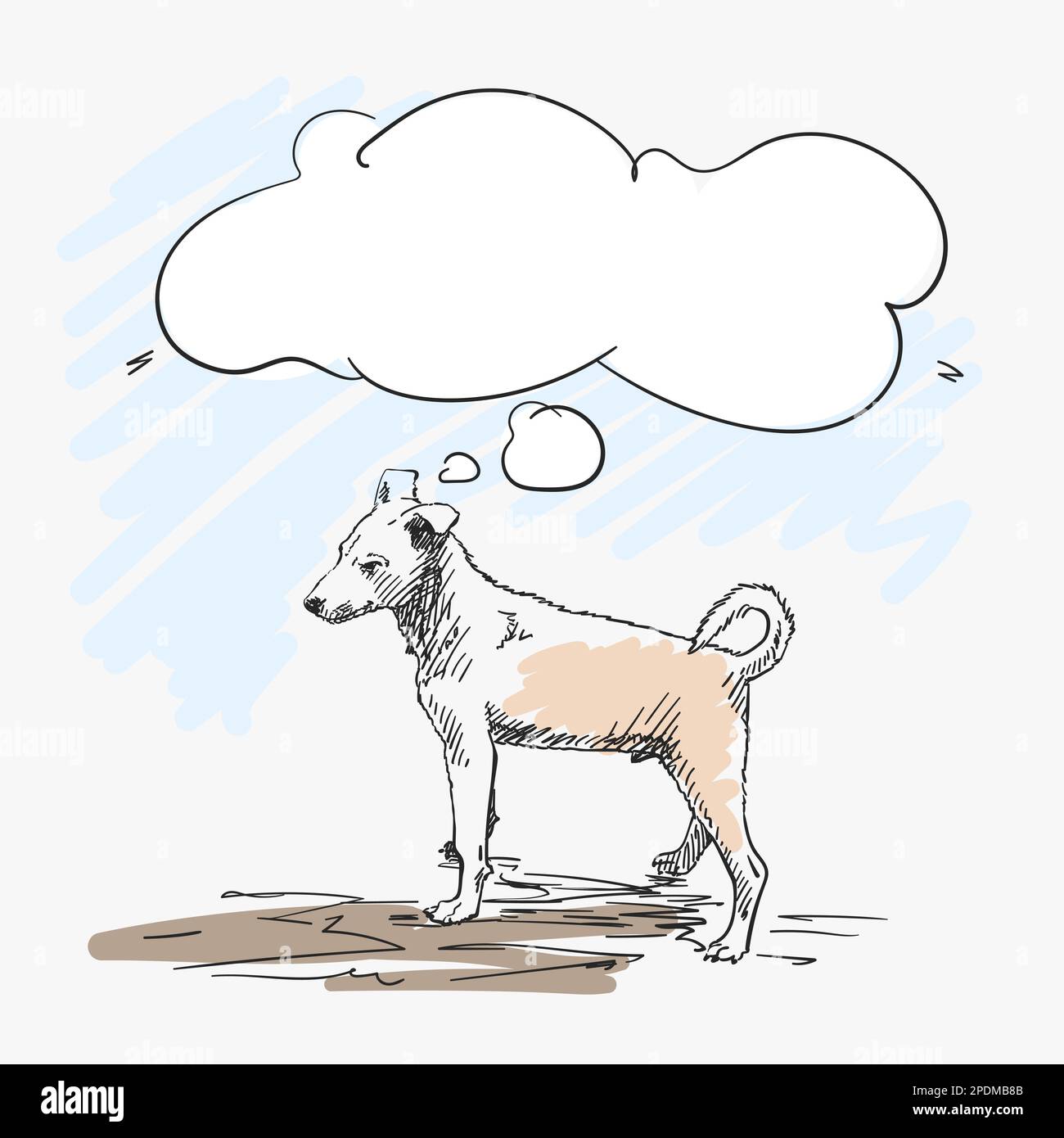 Little dog with twisted tail standing and thinking vector sketch with