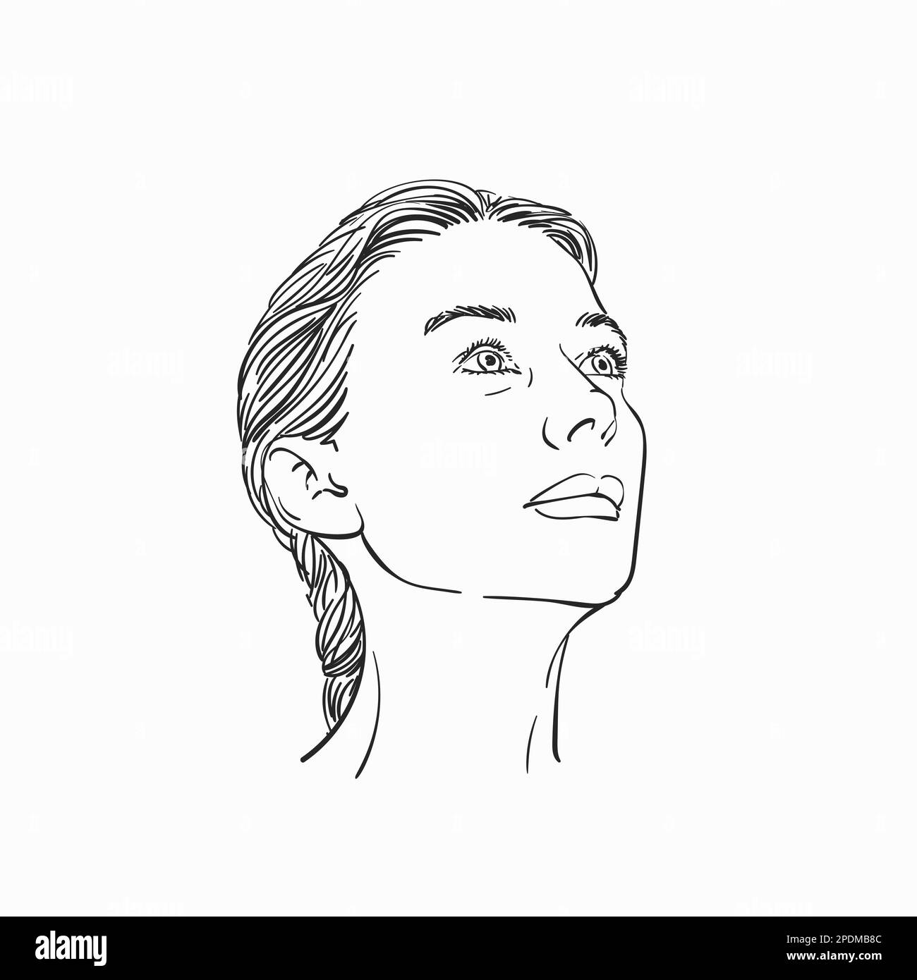 Portrait of young woman looking up on side, Vector sketch, Hand drawn