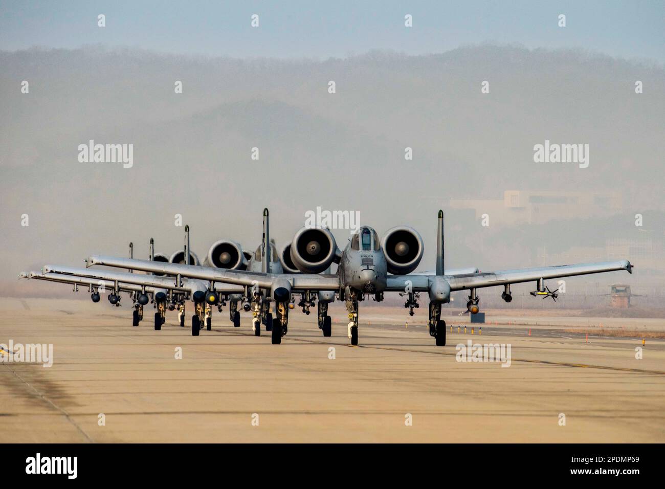Osan Air Base, South Korea. 8th Mar, 2023. Four A-10C Thunderbolt II assigned to the 25th Fighter Squadron taxi on the runway before flight during Buddy Squadron 23-2 at Osan Air Base, Republic of Korea, March 8, 2023. During the training, U.S. and ROKAF pilots increased force interoperability by practicing air-to-air and air-to-ground tactics. Credit: U.S. Air Force/ZUMA Press Wire Service/ZUMAPRESS.com/Alamy Live News Stock Photo