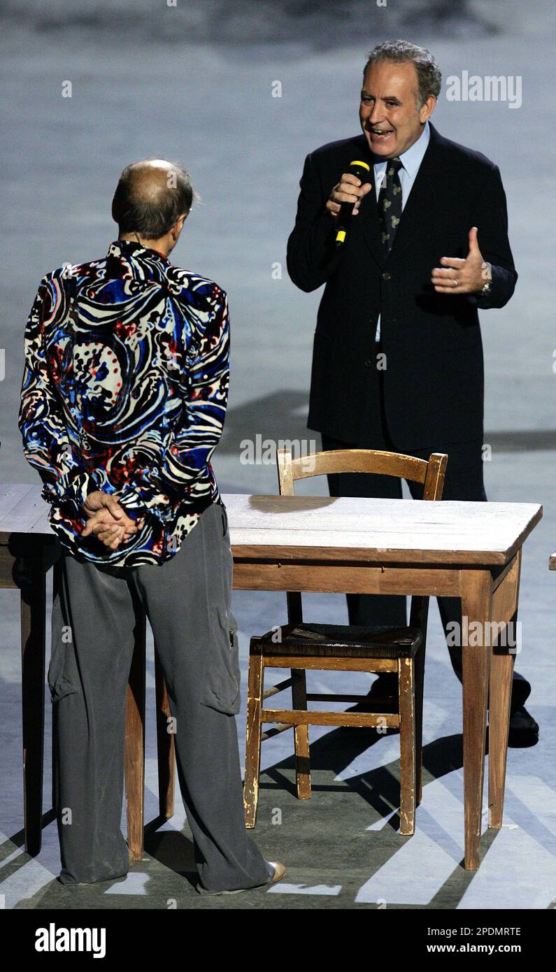 Adriano Celentano and Michele Santoro during RockPolitik Rai tv