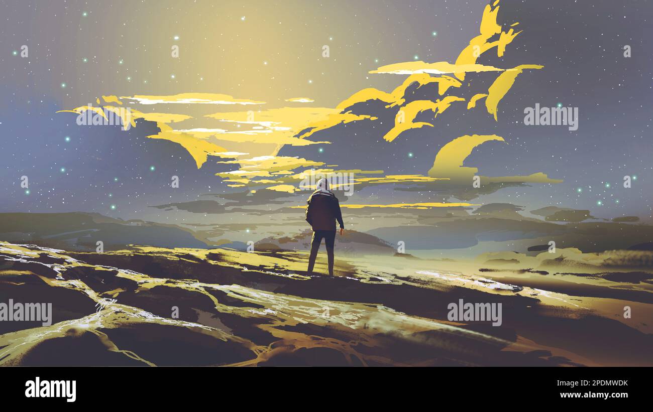man standing on a hill looking at the stars in the sky at dusk, digital ...
