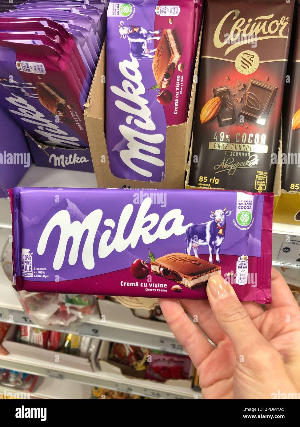 04.03.2023 Ukraine, Kharkov food shelf with chocolate, Milka chocolate