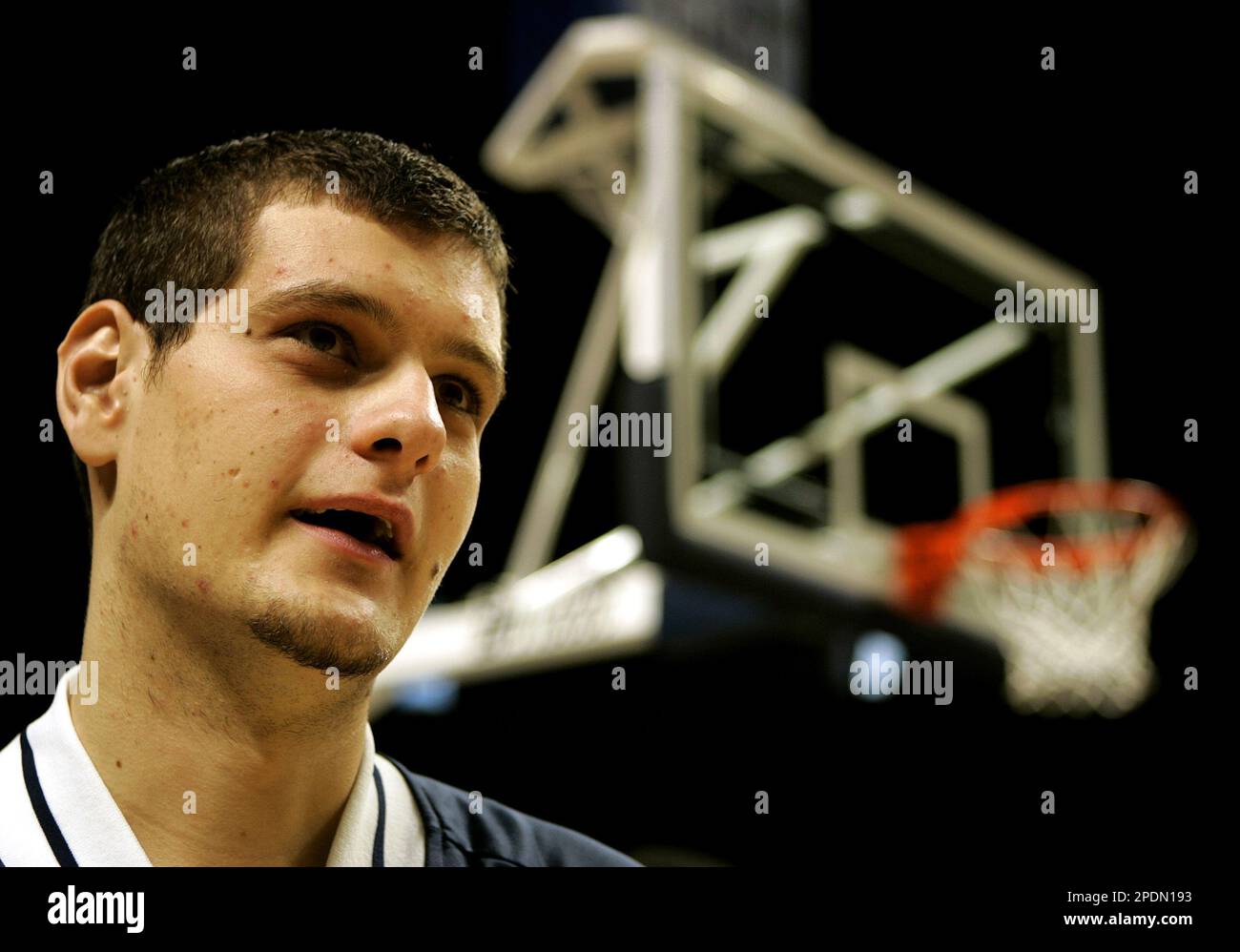 Penn State 6'10'' freshman forward Milos Bogetic from Serbia-Montenegro  answers questions during media day Tuesday, Oct. 18, 2005, in State  College, Pa. New faces abound on Penn State's basketball team, eight to