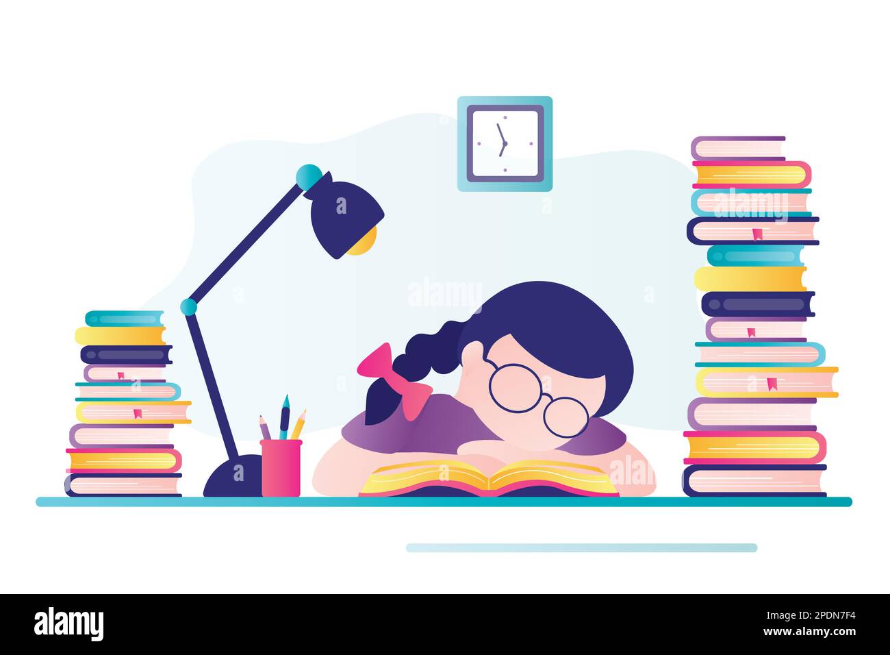 Tired student preparation for exam or test. Schoolgirl sleeps at desktop. Exhausted child does lot of homework. Girl sleeping among books at table. Ba Stock Vector