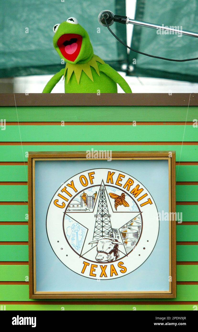 Muppet and former Sesame Street star Kermit the Frog addresses a crowd