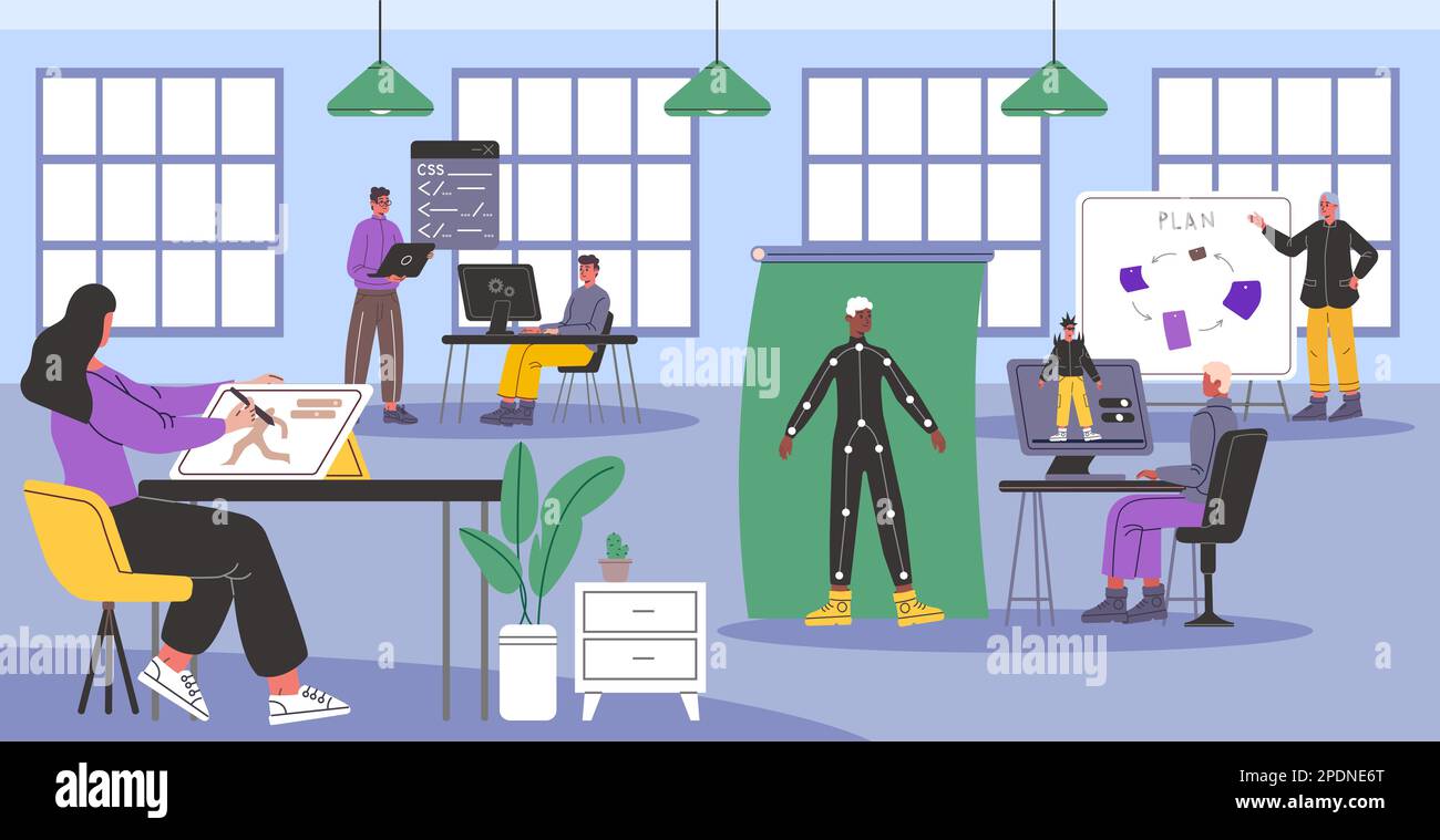 Game developers in office. Specialists create computer gaming characters and play script. Coworking space. Programmers work team. Digital designers Stock Vector