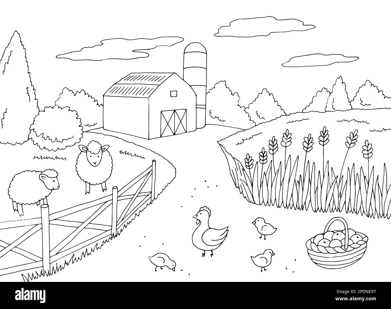 Farm coloring graphic black white landscape sketch illustration vector Stock Vector